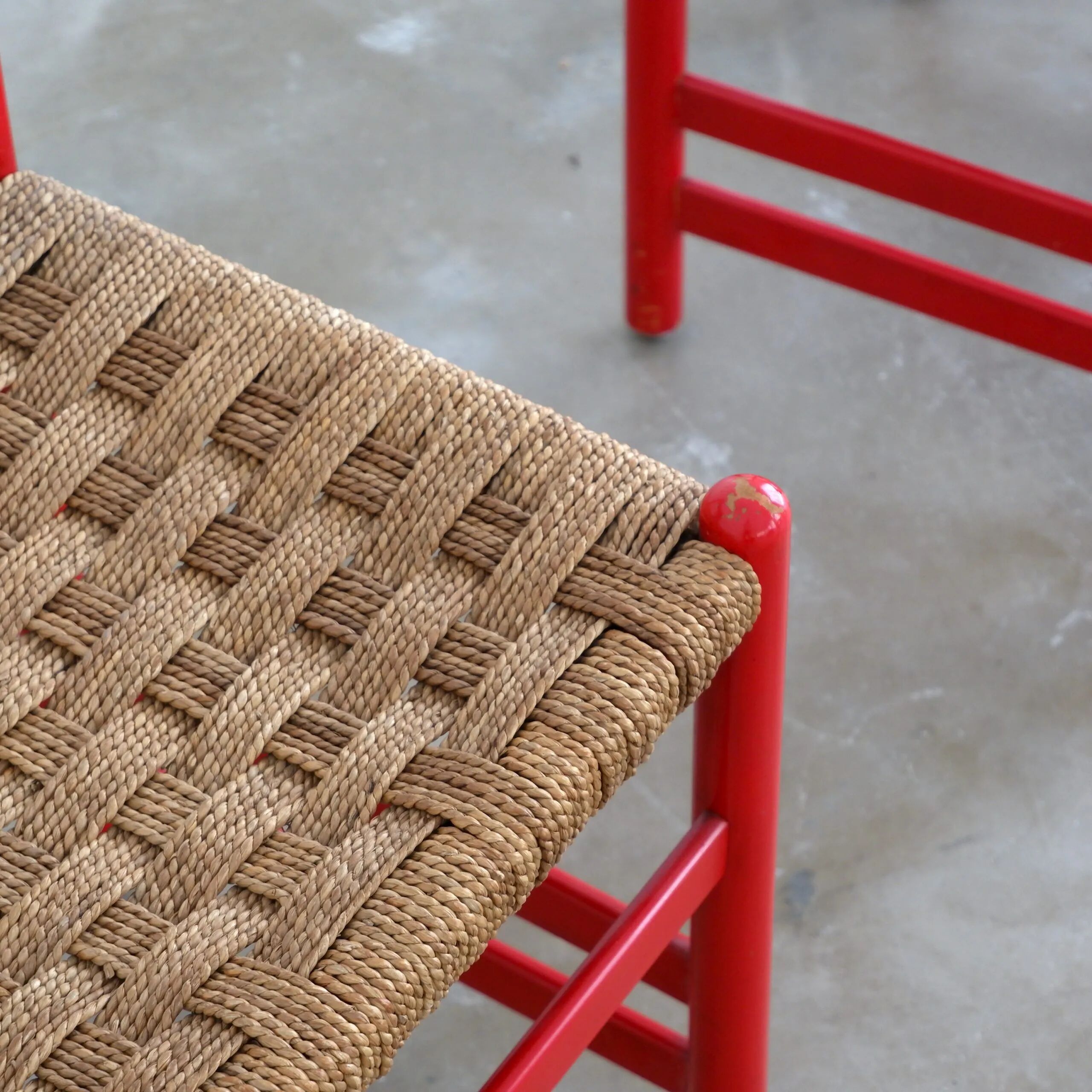 Set of 3 Swedish dining chairs in red with papercord weaving