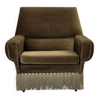 Fauteuil danois des années 1970, velours vert, pieds en frêne.