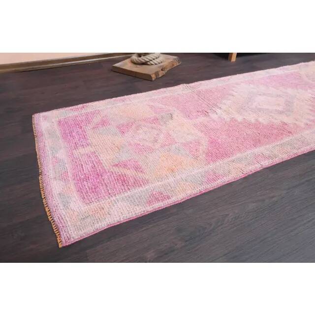 Vintage Turkish Hand-Knotted Wool Cotton Pink Runner Rug 80x365