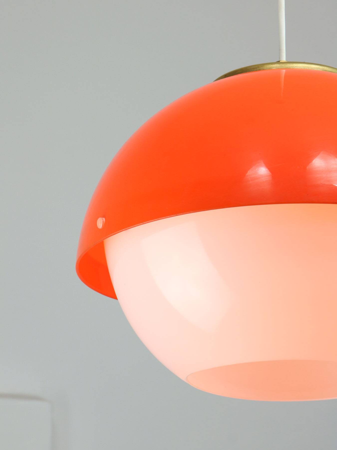 Italian Space Age Orange Plexiglass and Brass Pendant Lamp, 1970s