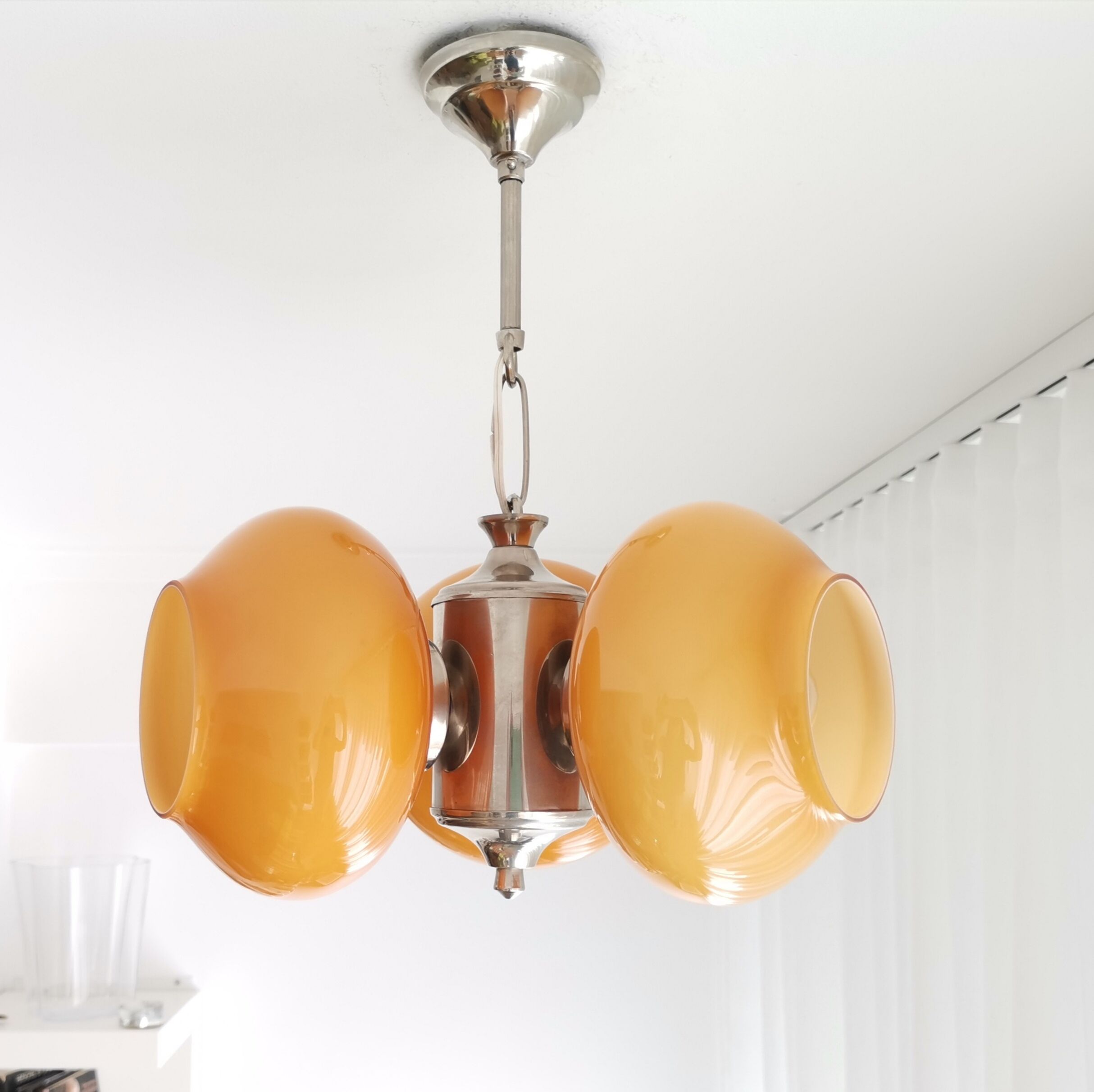 Vintage mid century modern 3-light orange glass chandelier