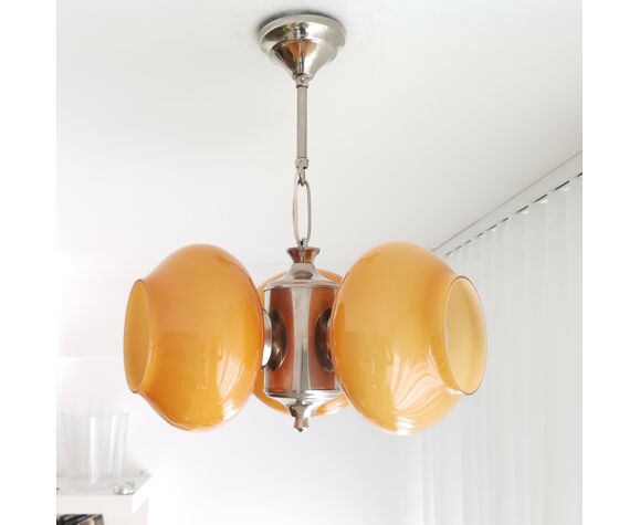 Lustre en verre vintage moderne du milieu du siècle 3-light orange | Selency