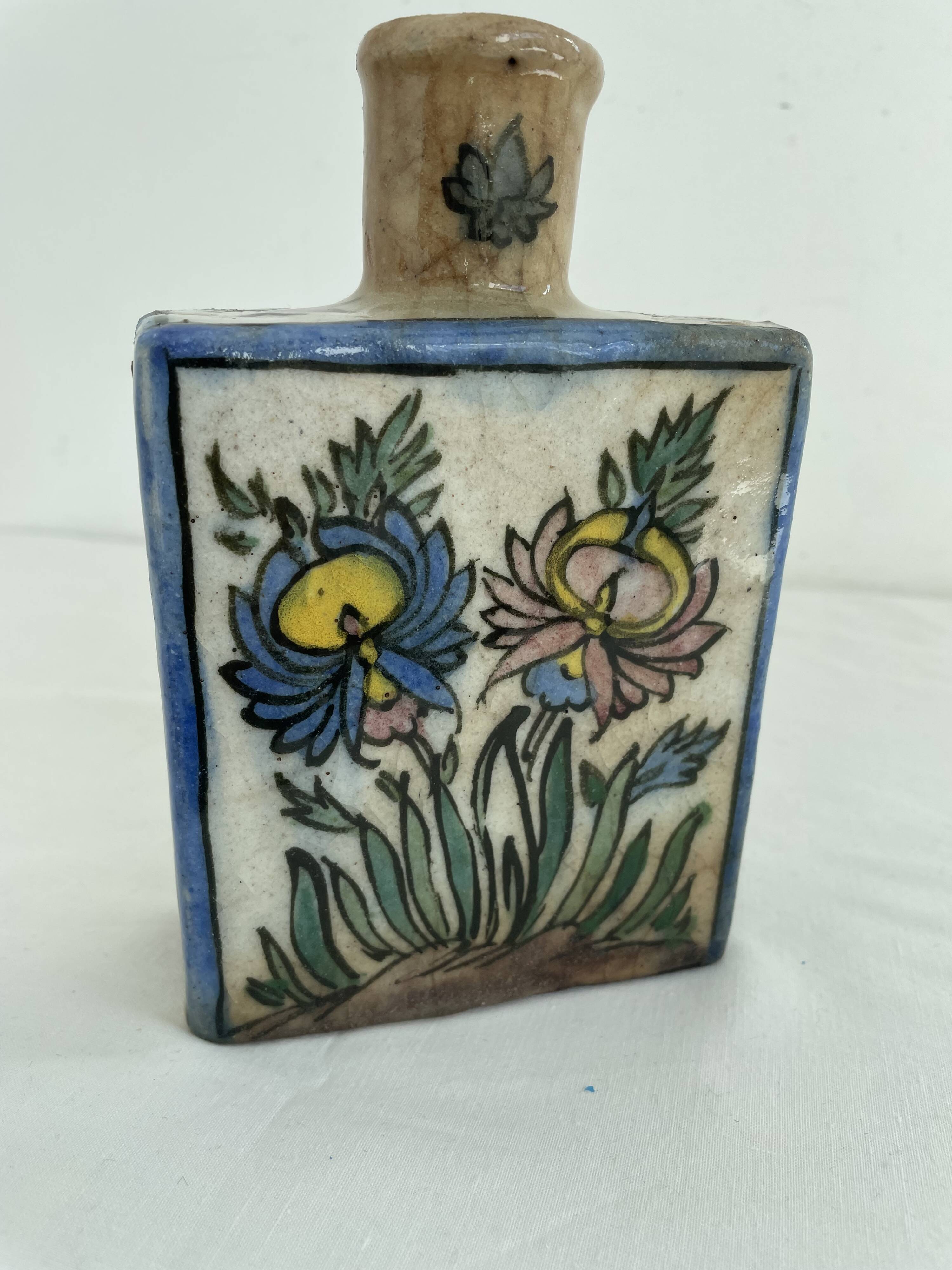 Persian bottle, antique vase with polychrome flower decoration, Kagjar style, antique ceramic