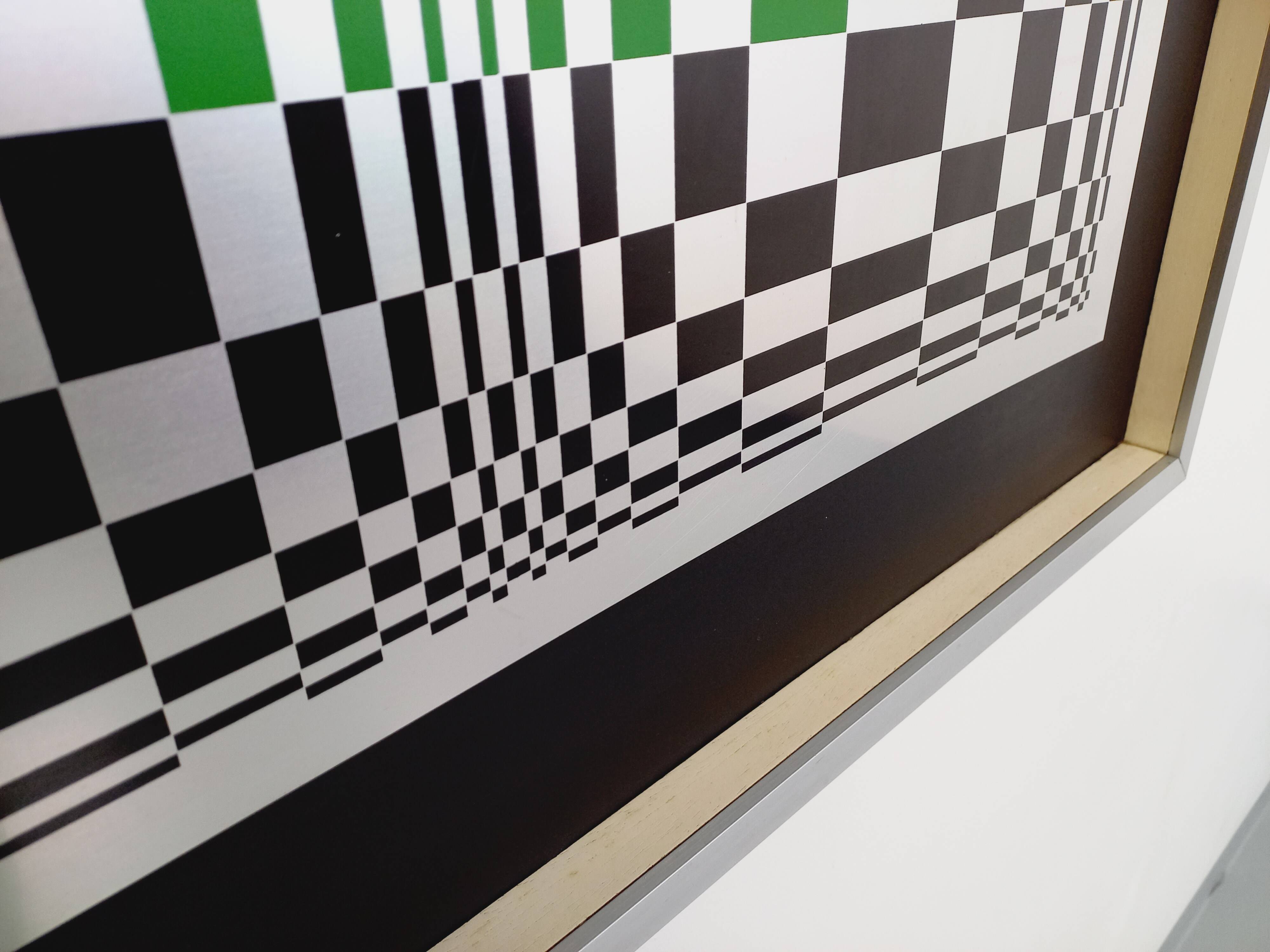 Typical silkscreen painting in kinetic checkerboard on aluminum, Italian abstract design in Vasarely style