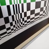 Typical silkscreen painting in kinetic checkerboard on aluminum, Italian abstract design in Vasarely style
