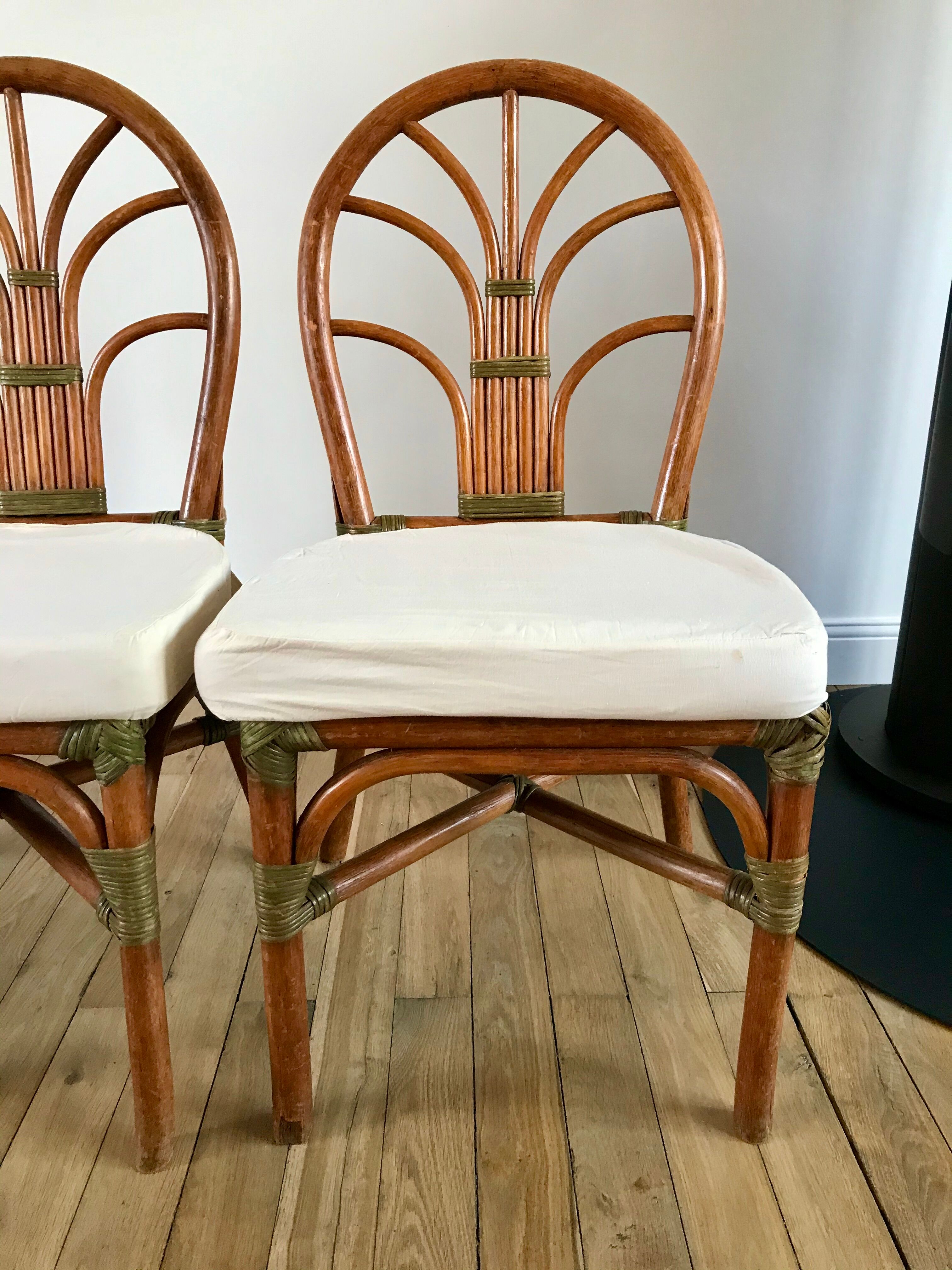 Set of 3 rattan / bamboo chairs with cushions years 1960-1970