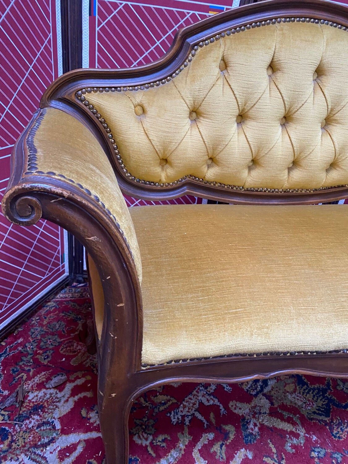 Louis XV style bench upholstered yellow velvet