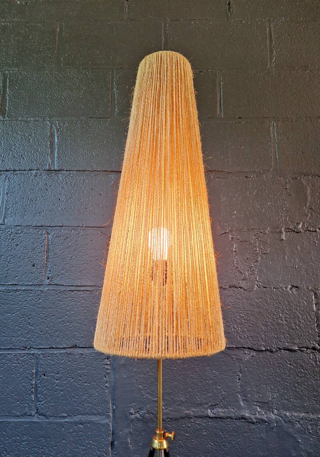 Mid-century tripod floor lamp, cord shade, 1950s-60s.