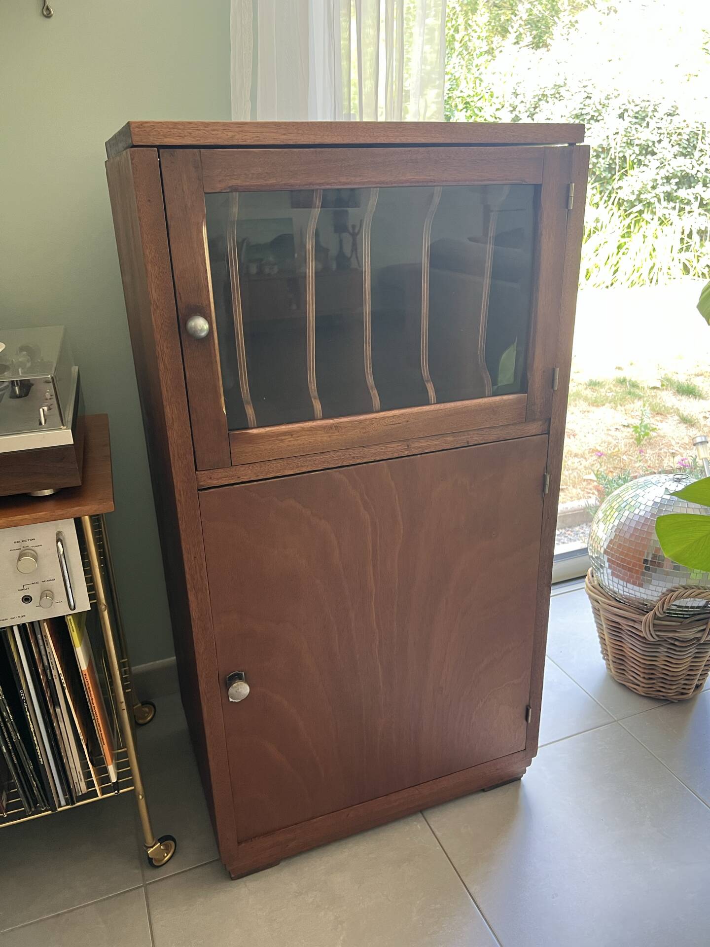 Vintage wooden furniture, vinyl storage, bookshelf, desk.