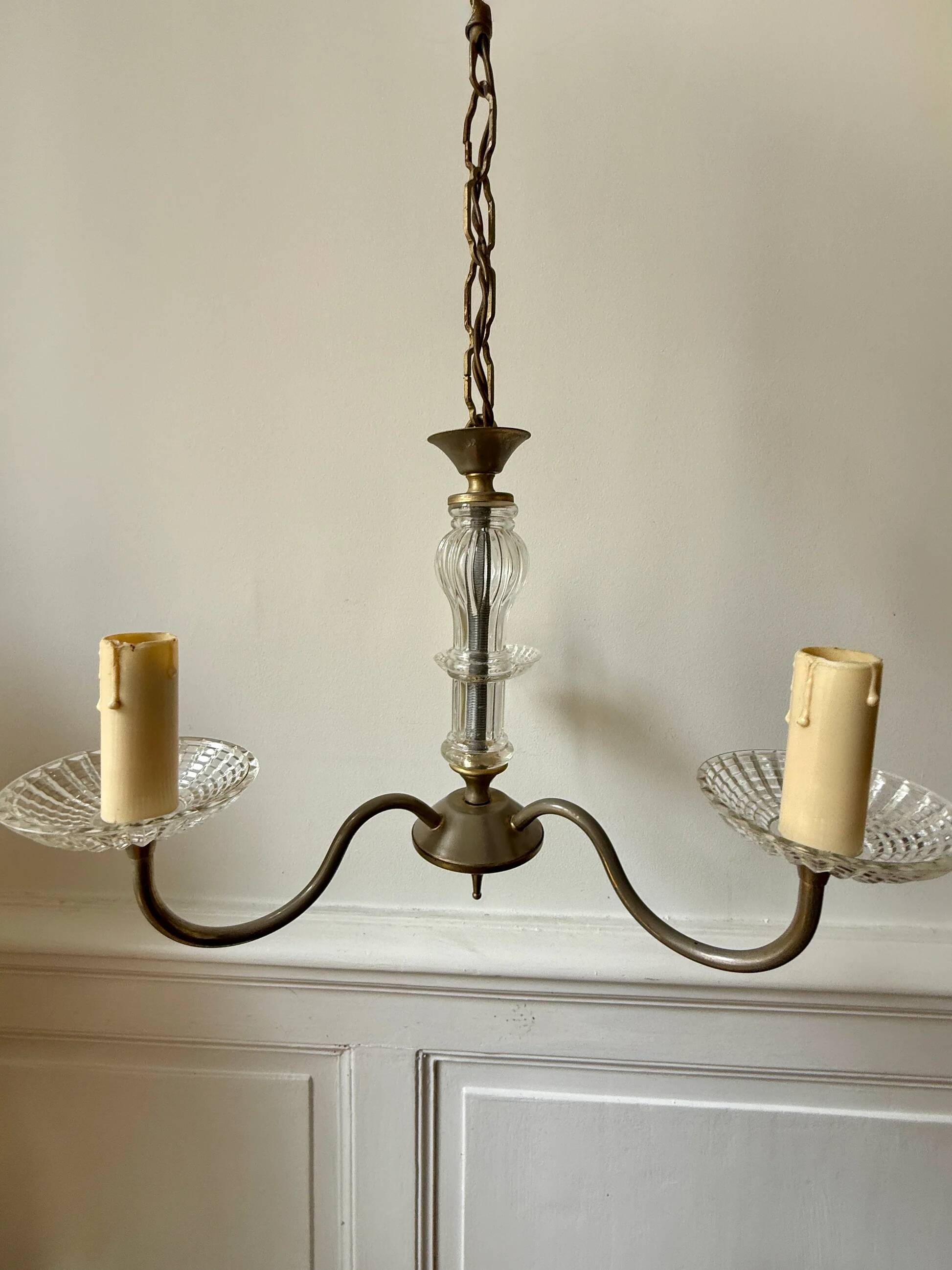 Vintage brass and glass three-branch chandelier