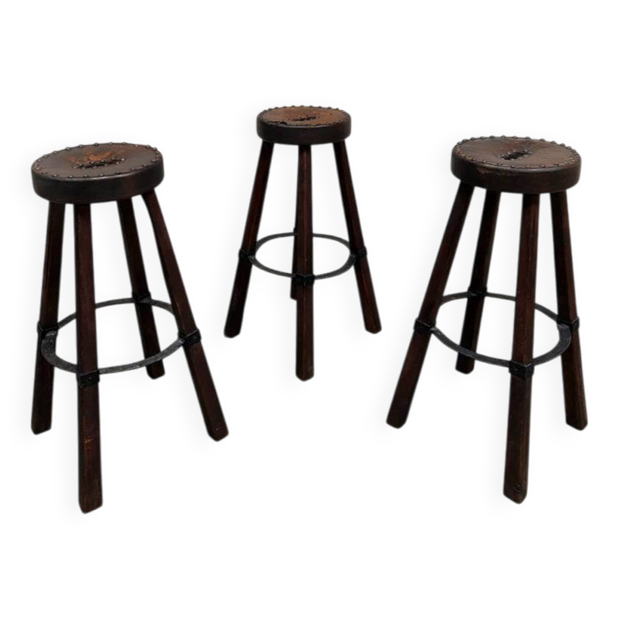 3 tabourets de bar brutaliste en cuir, Espagne 1970