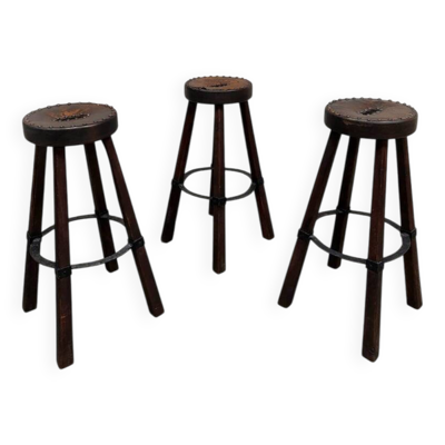 3 tabourets de bar brutaliste en cuir, Espagne 1970
