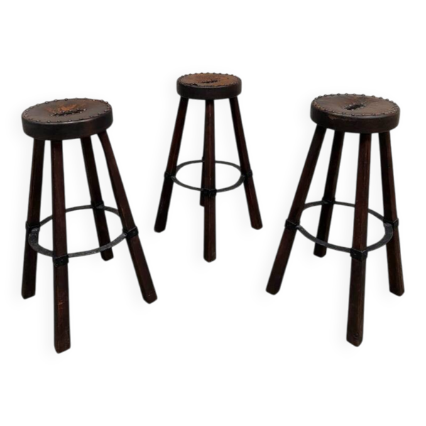 3 tabourets de bar brutaliste en cuir, Espagne 1970