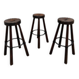 3 tabourets de bar brutaliste en cuir, Espagne 1970