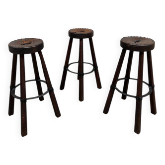 3 tabourets de bar brutaliste en cuir, Espagne 1970