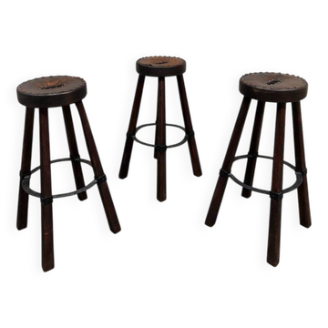 3 tabourets de bar brutaliste en cuir, Espagne 1970