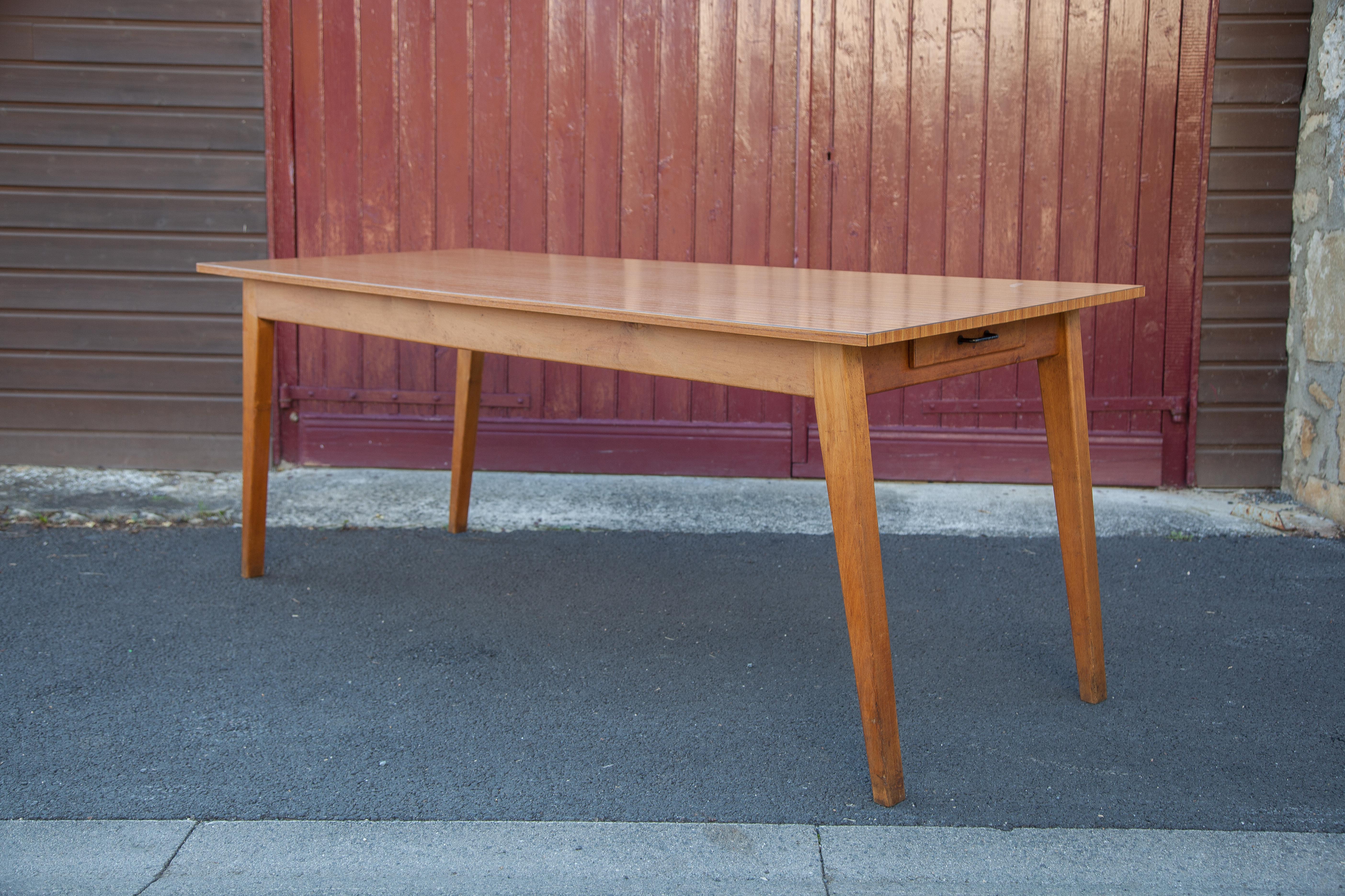 Antique dining table, wooden table and formica tray