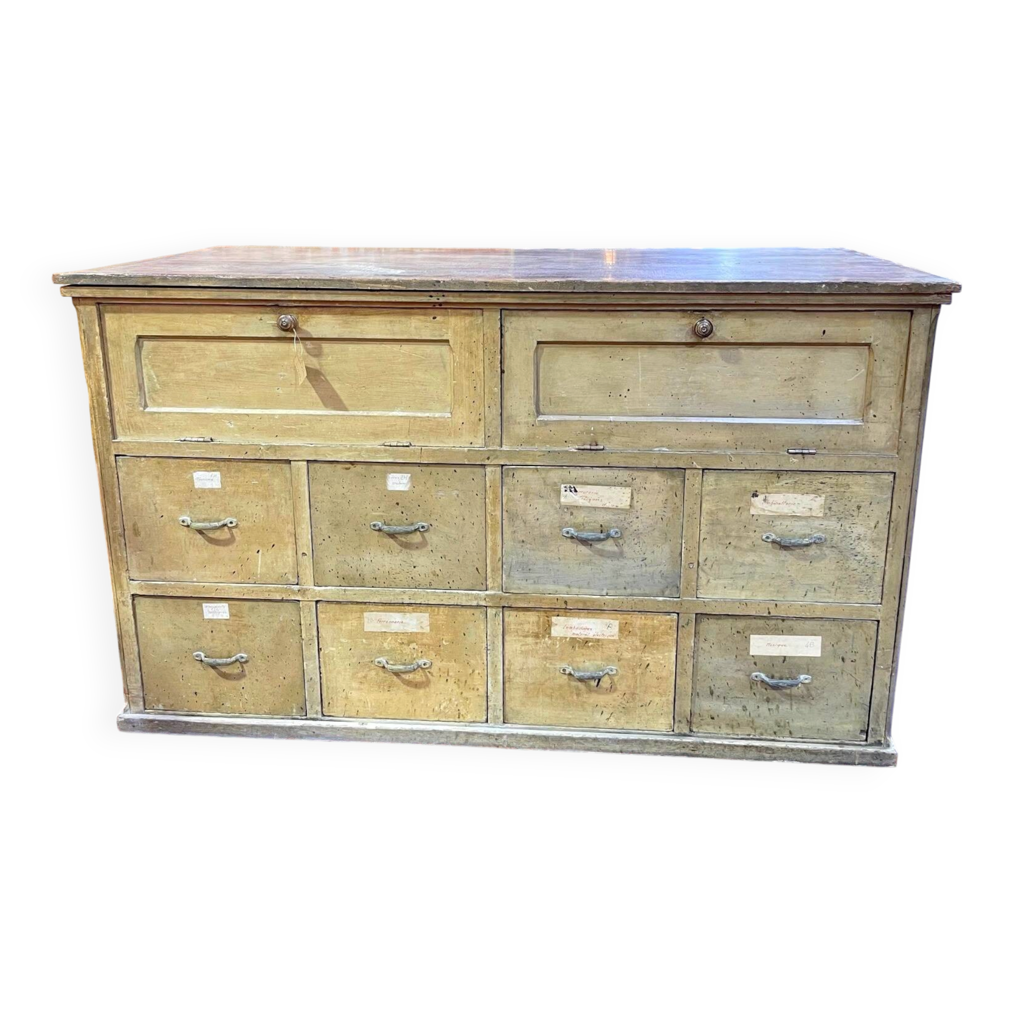 Old workshop furniture in good condition. 8 drawers and 2 drop-down doors, very