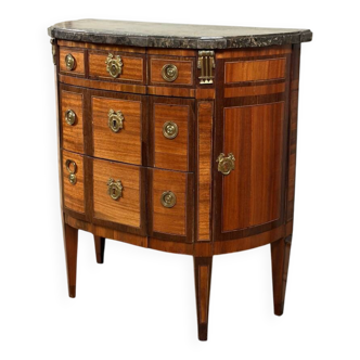 Commode demi-lune Louis XVI en placage de bois fruitiers, France XVIIIe siècle