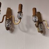 Paire d'anciennes appliques murales  avec 2 feux bronze doré  et verre