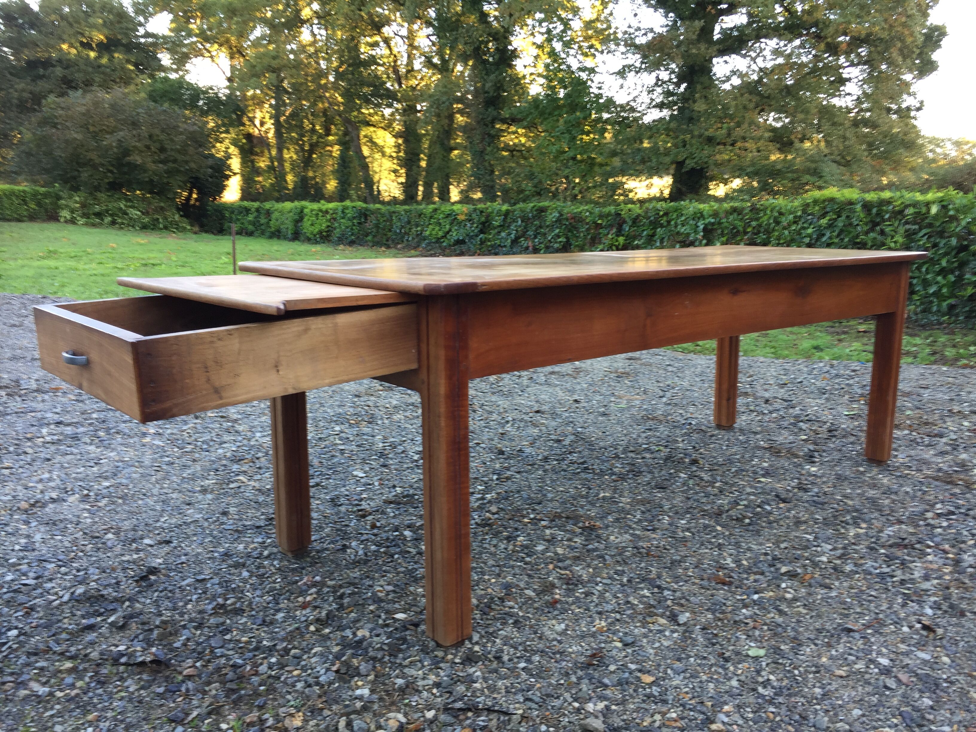 Vintage solid cherry farm table with 2 drawers and 1 bread pull.