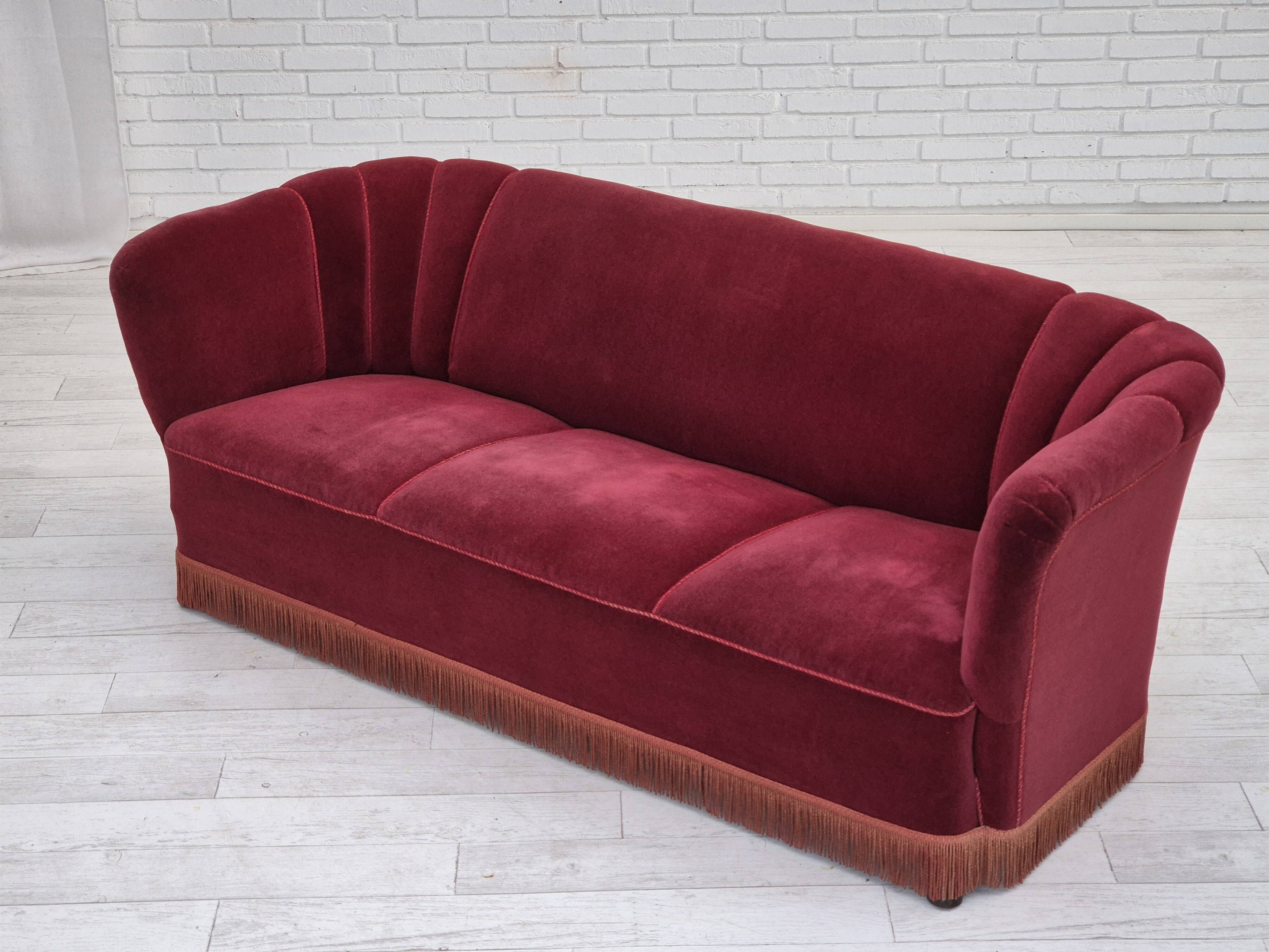 1960s, Danish 3 seater sofa, original condition, cherry-red furniture velour.
