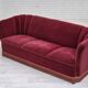 1960s, Danish 3 seater sofa, original condition, cherry-red furniture velour.