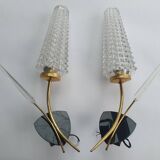 Pair of large gold wall lights with tulip-shaped globes by Arlus