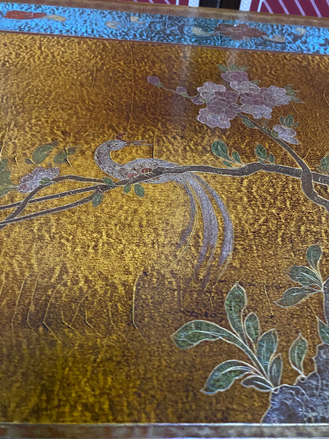 Chinese, Asian wooden coffee table nature peacock scene