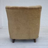 1960s, Danish armchair, original green furniture velour, carved oak wood.