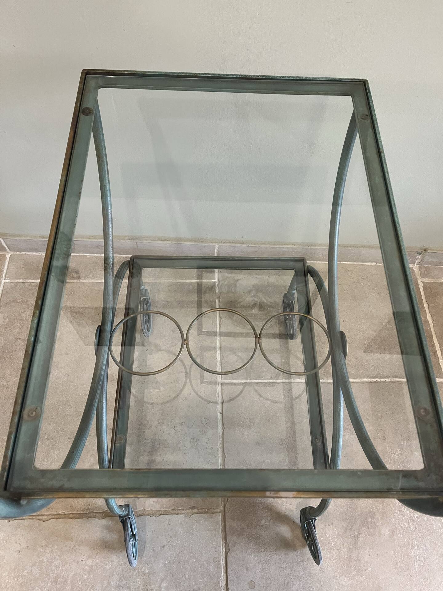 Patinated green-grey wrought iron dessert table