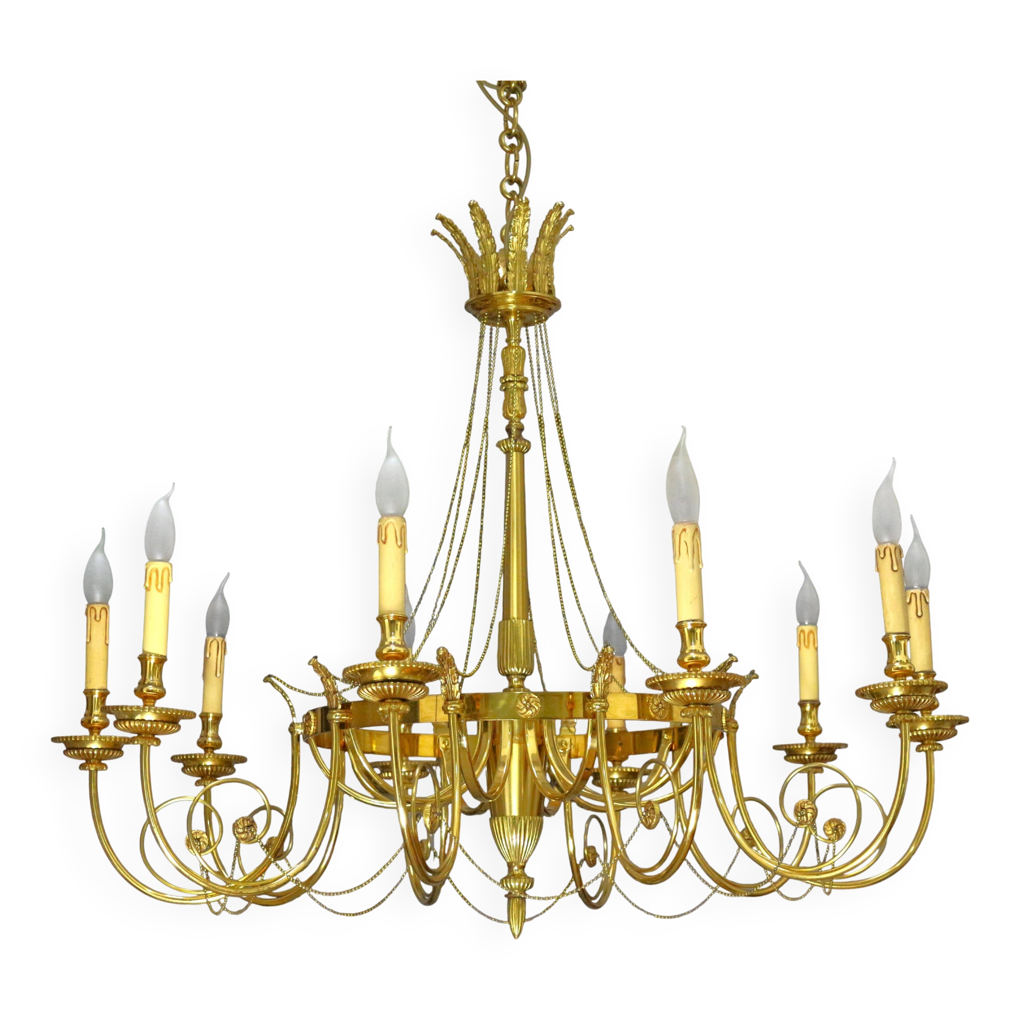 Grand Lustre en Bronze Doré style Directoire Dix Lumières Lucien Gau