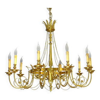 Grand Lustre en Bronze Doré style Directoire Dix Lumières Lucien Gau