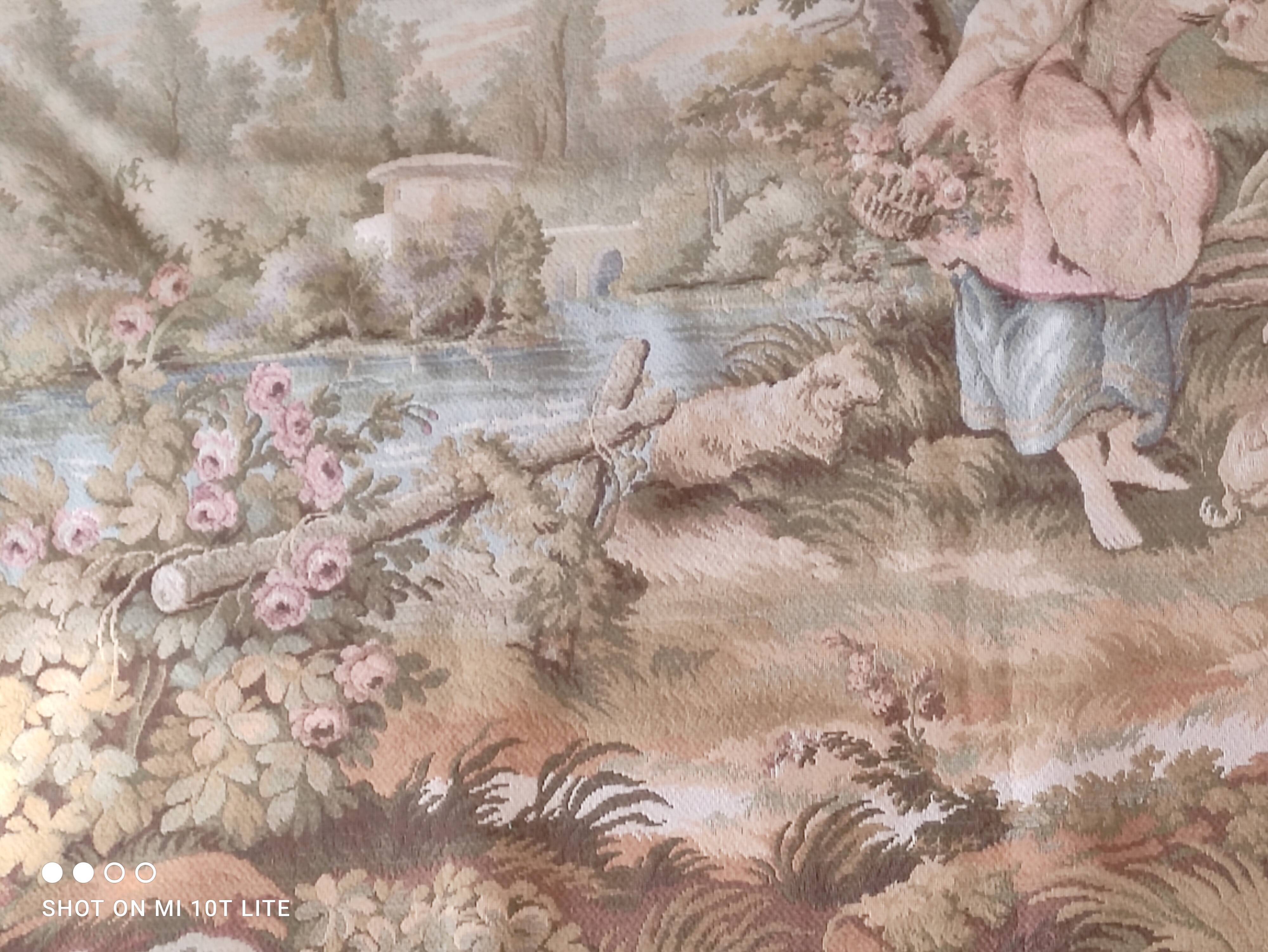Wall tapestry type Gobelins middle 20th country decoration polychrome shepherds, shepherdesses and sheep