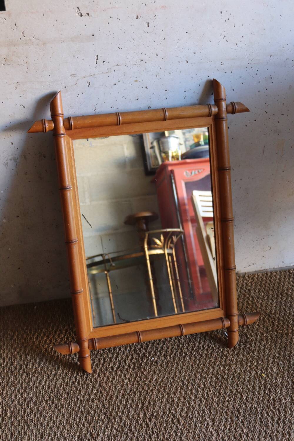 Antique cross mirror, turned wood, bamboo style