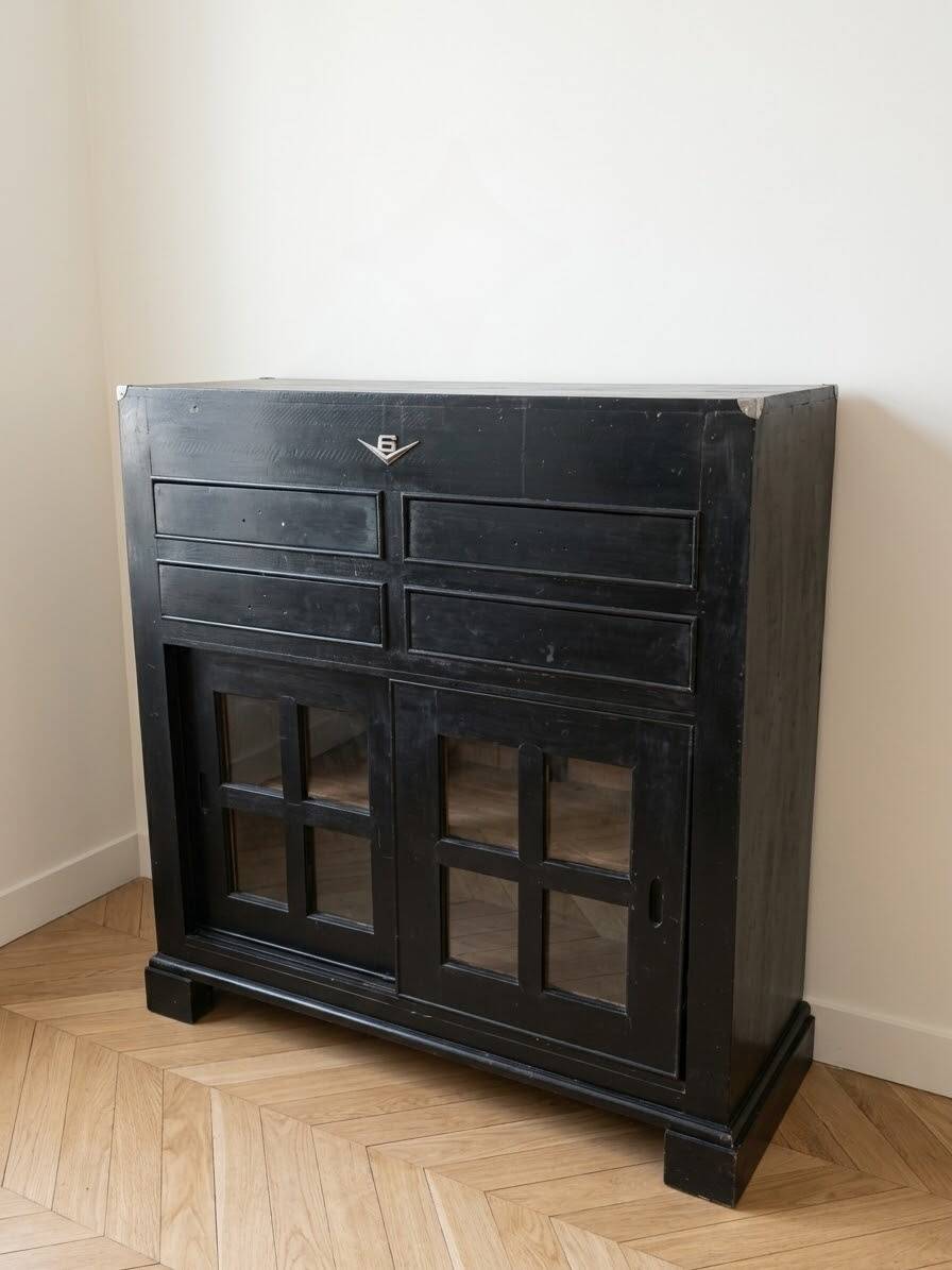 Black wooden sideboard with glass doors – industrial/vintage style