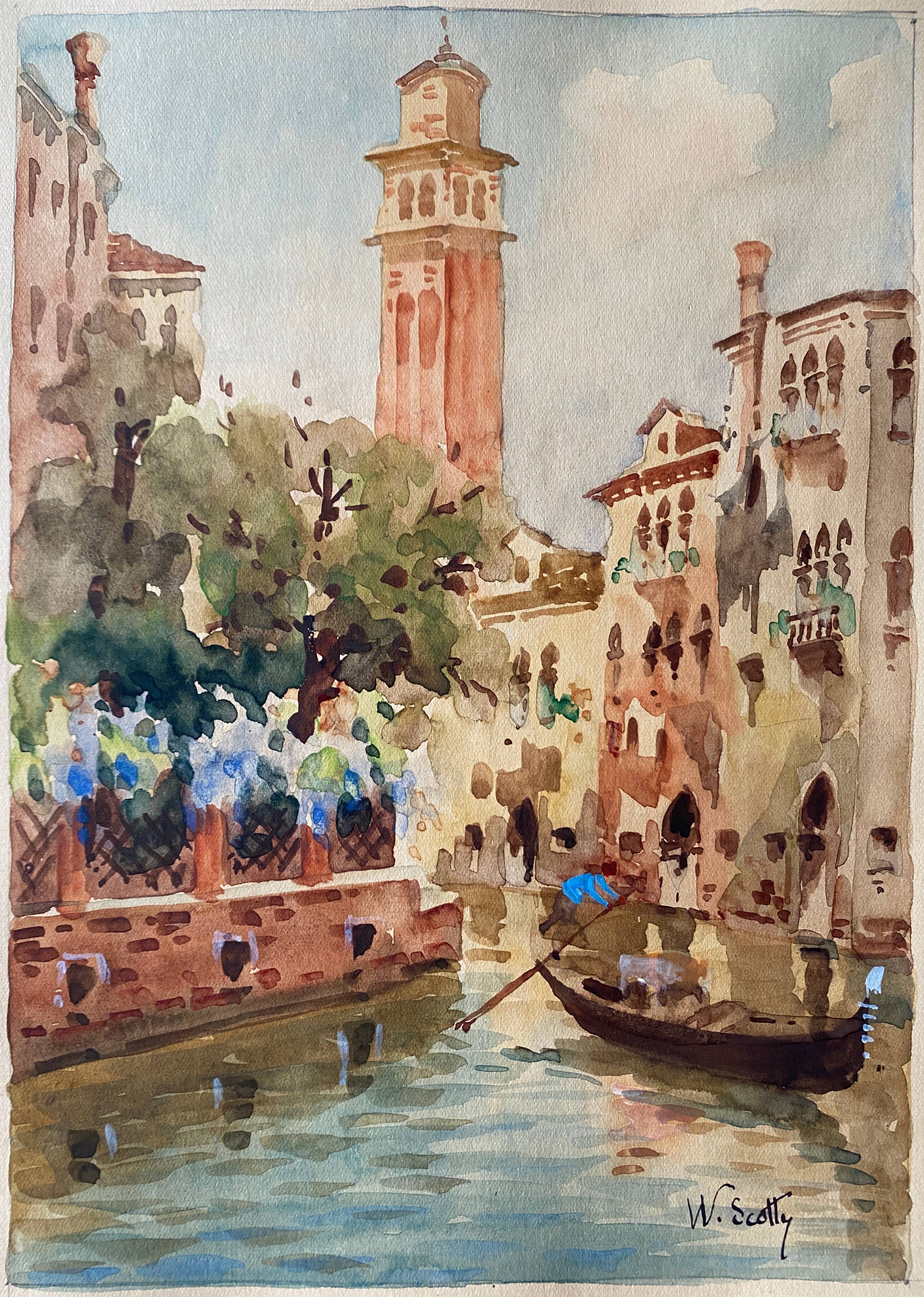 Watercolor painting "canals of Venice" Italy early XX° by W. Scotty