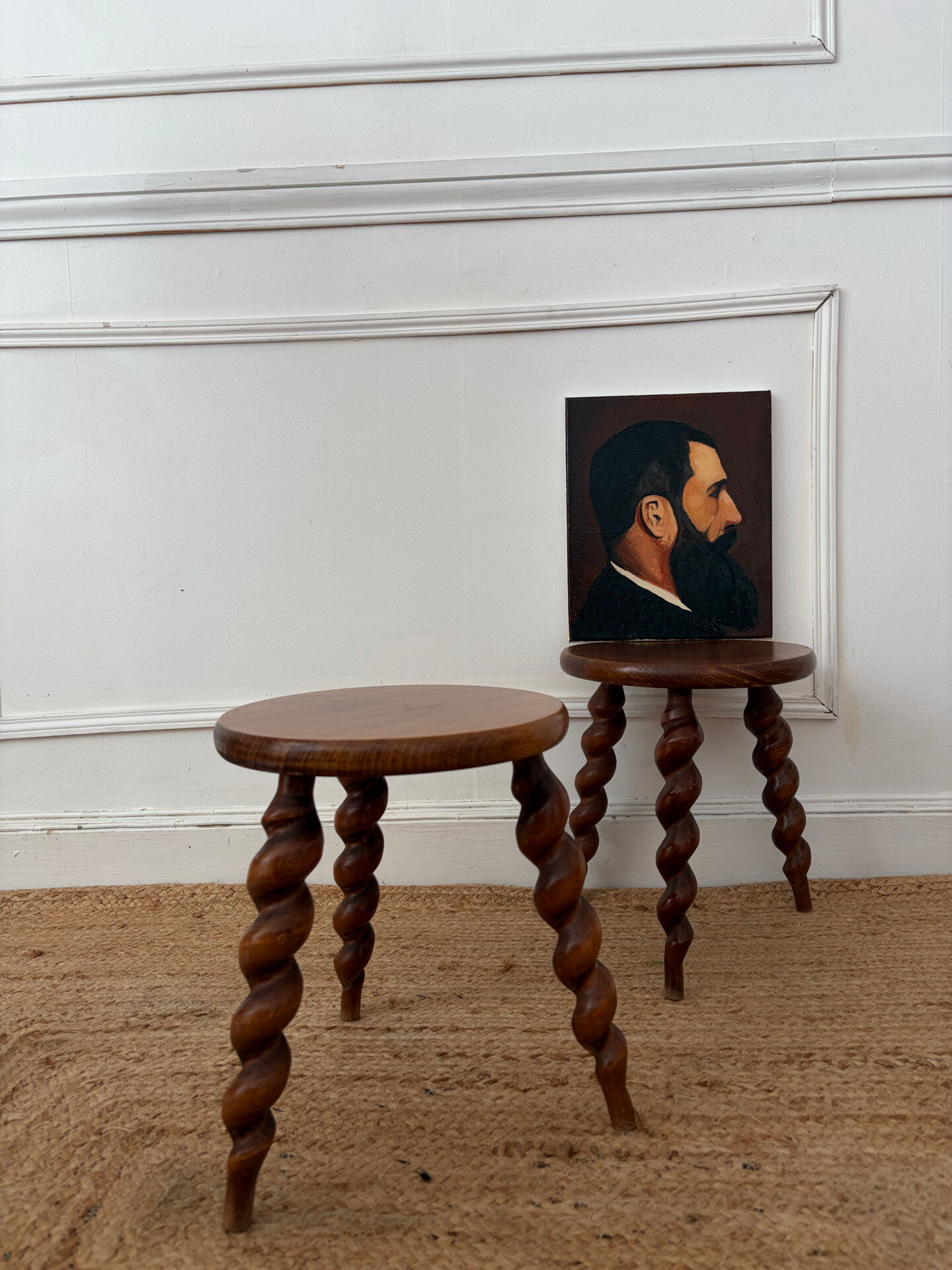 Pair of twisted wooden tripod stools