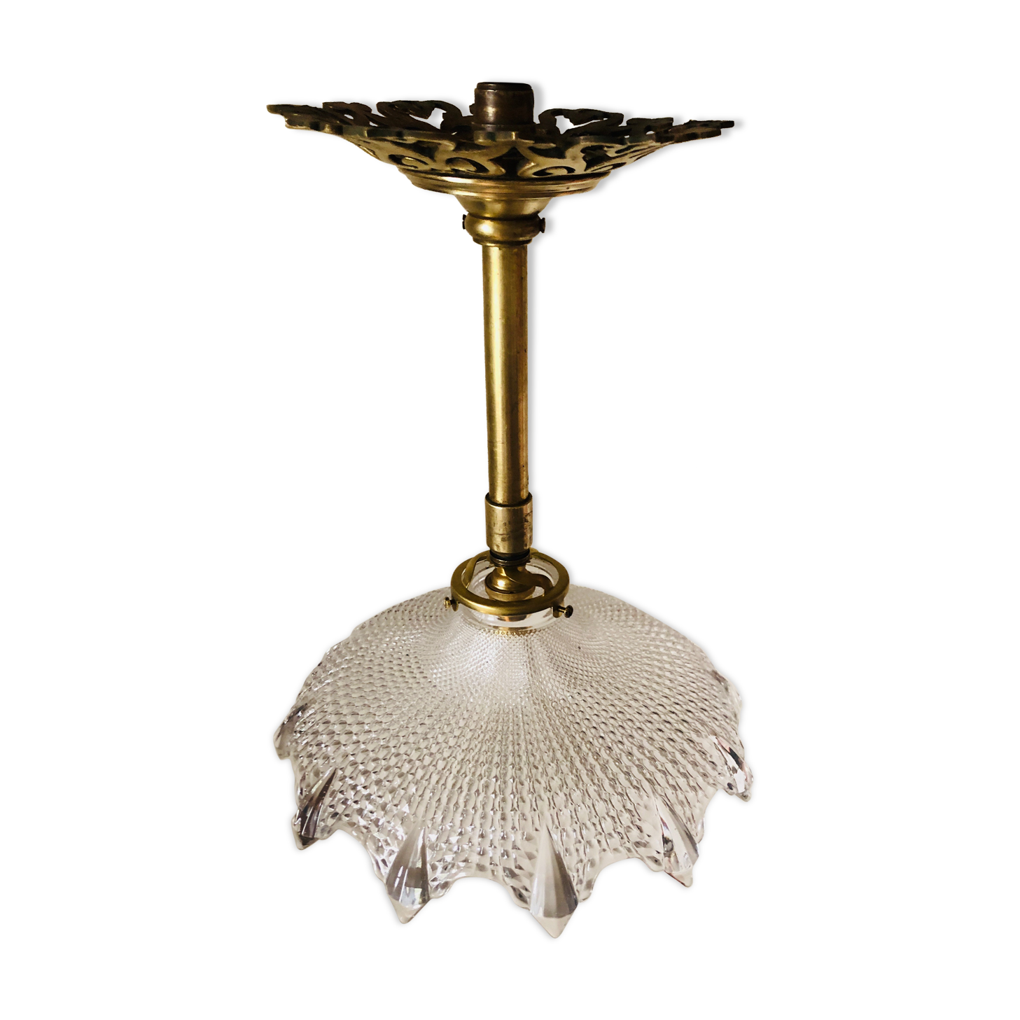 Art Deco pendant lamp brass rose window and diamond glass dome