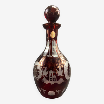 Stained glass carafe with Bohemian engraved decoration
