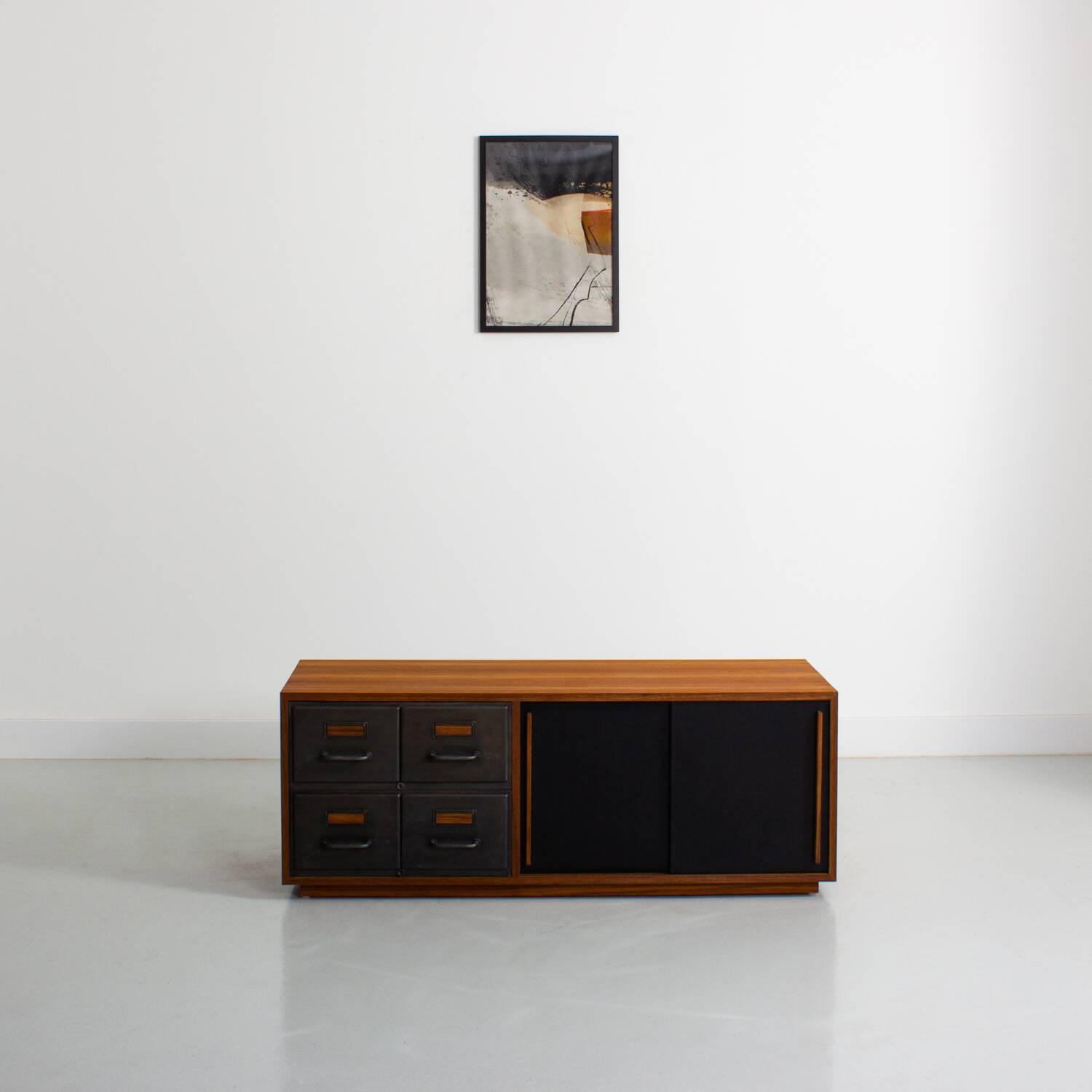 Teak sideboard with industrial metal drawers and 2 black sliding doors