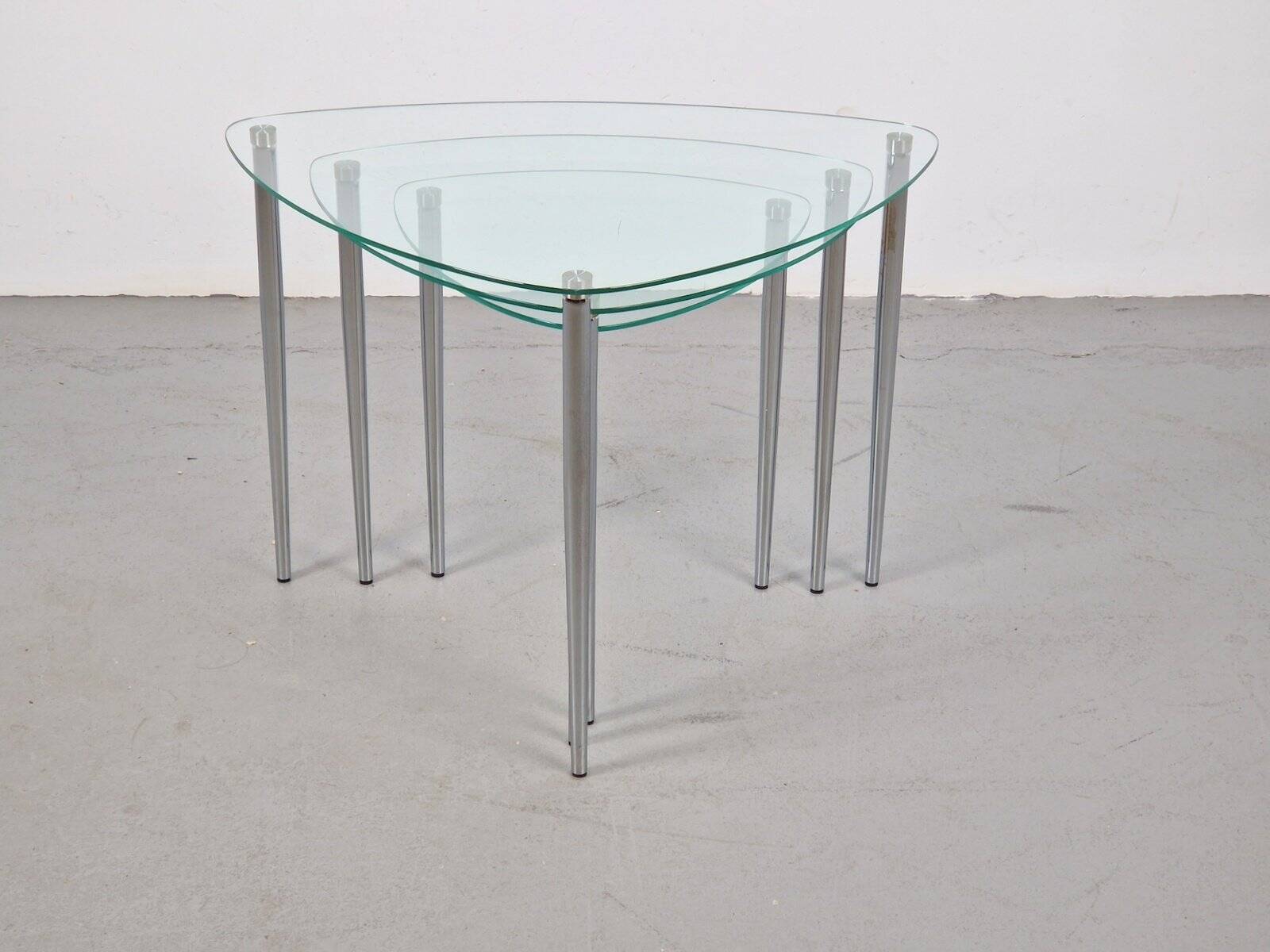 Triangular Nesting Tables in Glass and Metal, 1970s, Set of 3