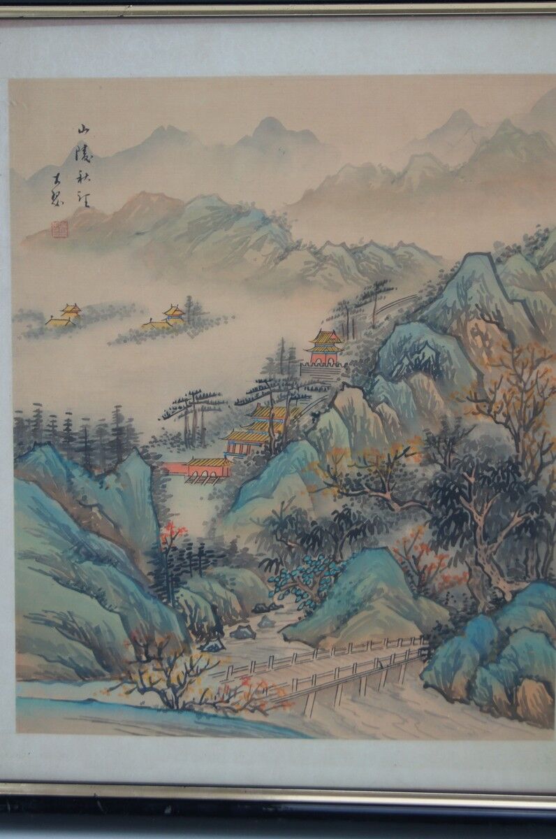 Ancient painting on fabric, asian landscape, with frame 40 x 39.5 cm