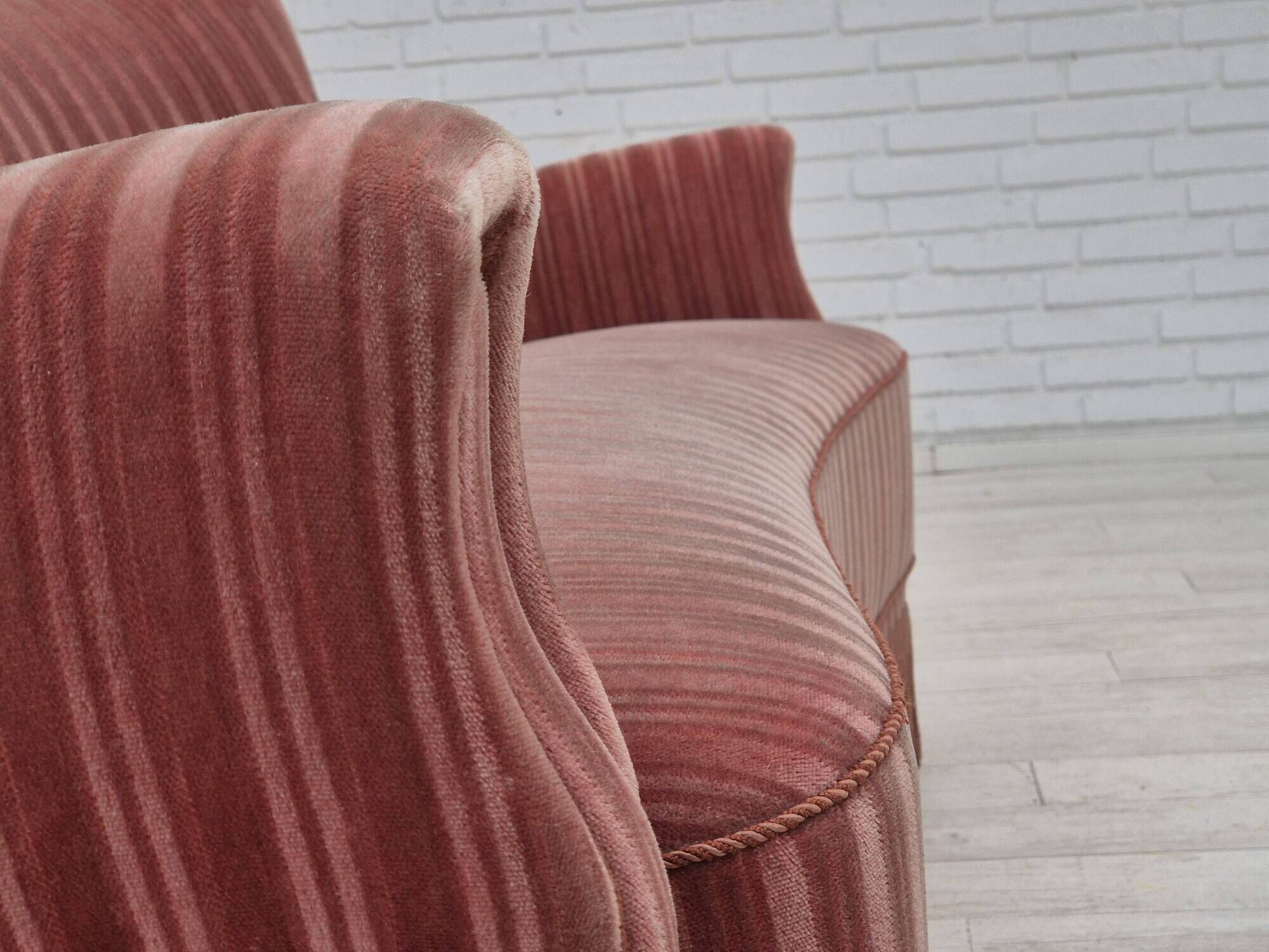 1960s, Danish 3-seater curved sofa, pink-salmon furniture velour, original.