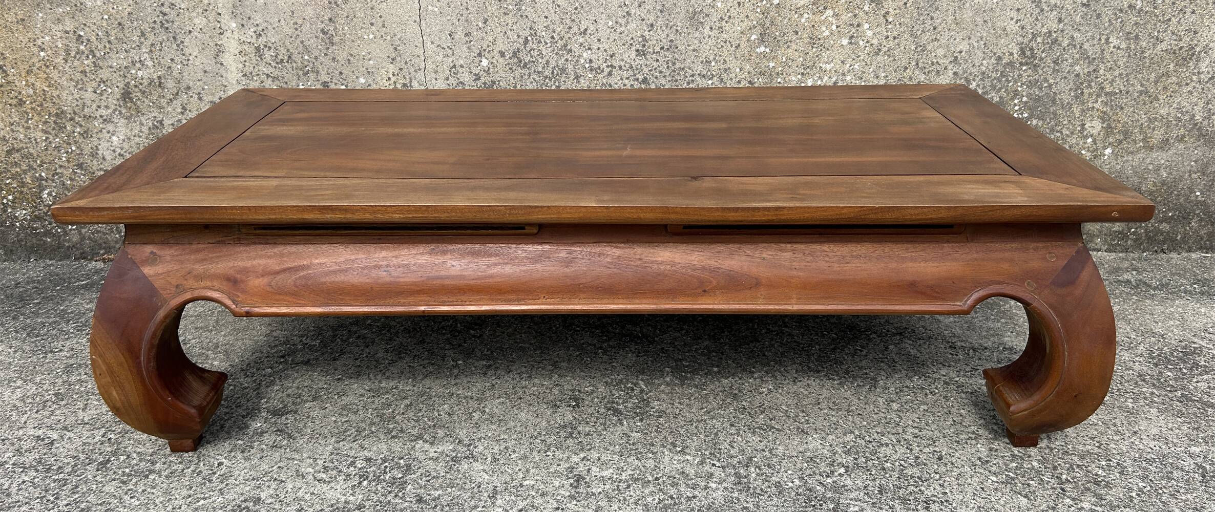 Large solid teak opium coffee table, elephant legs