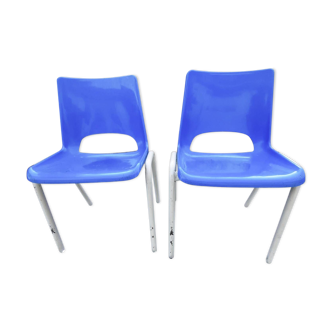 Pair of blue child chairs vintage school office plastic 70s