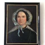 Peinture à l'huile antique vintage d'une dame néerlandaise, 19e siècle