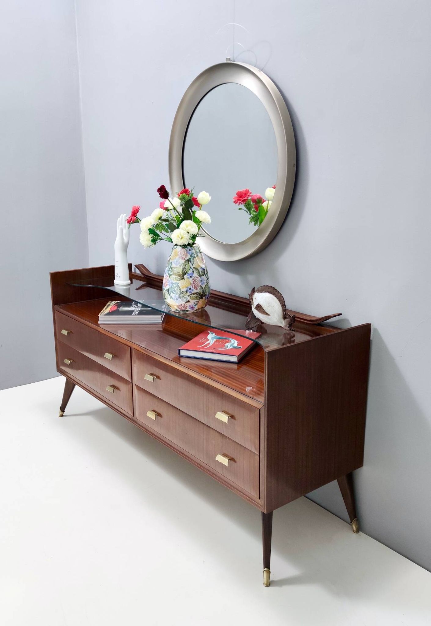 High-Quality Walnut Chest of Drawers with a Thick Glass Top, Italy