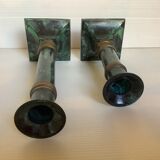 Pair of green patinated brass candlesticks