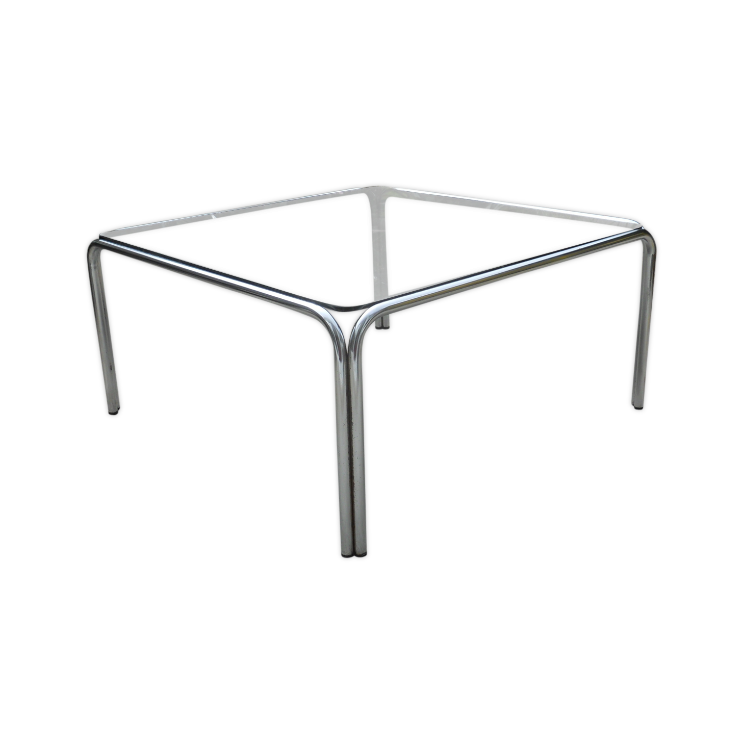 Table basse carrée design metal chrome verre fumé